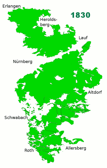 Auf einer animierten Karte sieht man wieviel Fläche der Reichswald über die Jahrzehnte verloren hat.