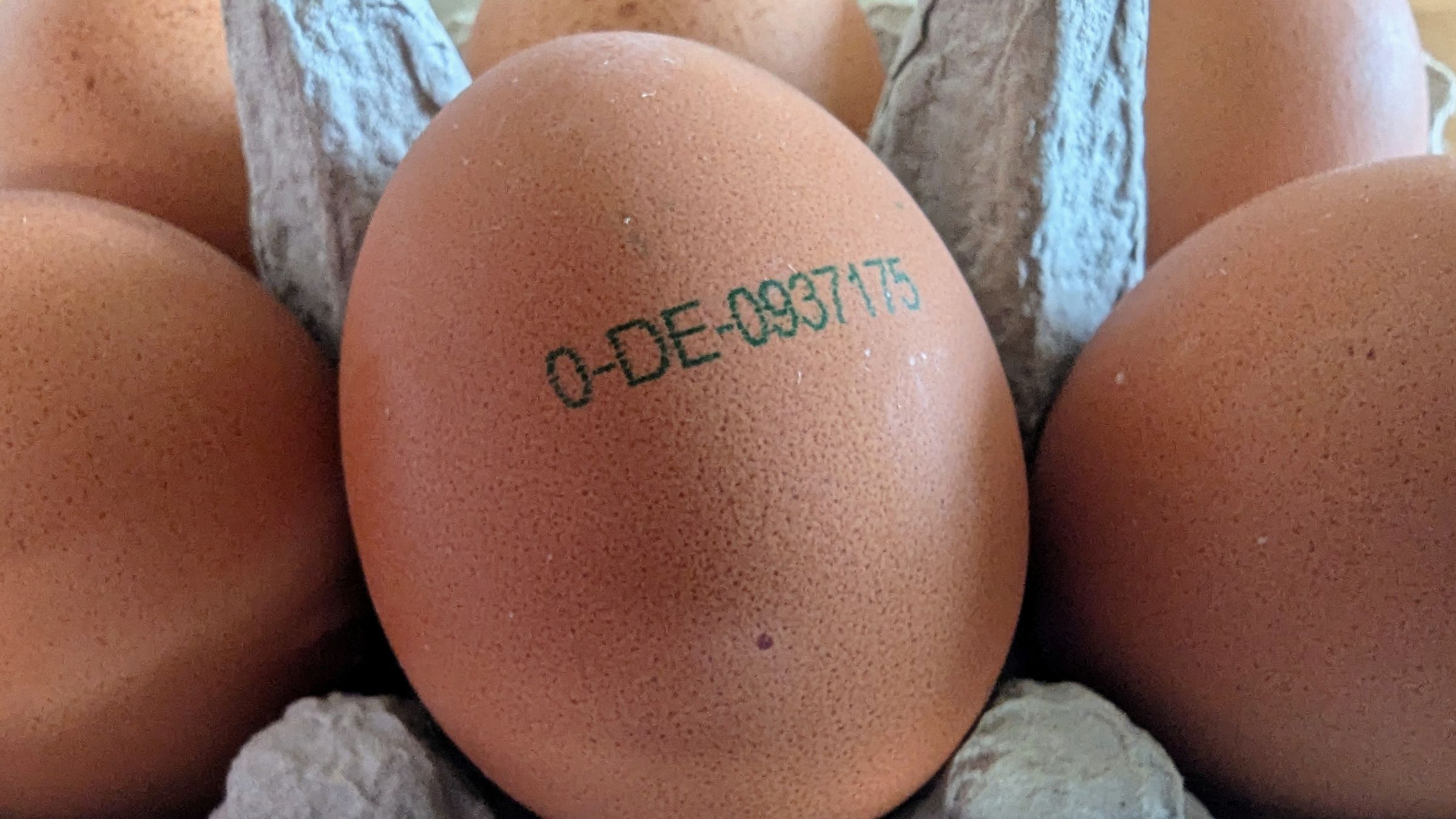 Auf einem braunen Hühnerei steht der Zahlencode, der über die Herkunft des Eis Auskunft gibt.