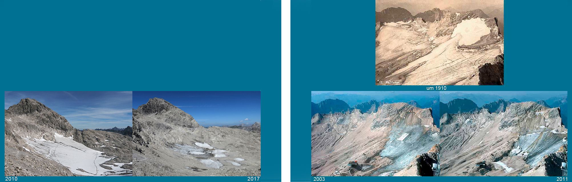 Zwei Bilder vom Schwarzmilzferner in den Allgäuer Alpen (links) in den Jahren 2010 und 2017, und drei Bilder vom Schneeferner-Gletscher (rechts) an der Zugspitze in den Jahren 1910, 2003 und 2011 zeigen den Klimawandel in den Alpen.