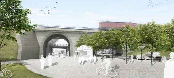 Eine Fotomontage von einer Promenade, weiße Figuren sind Fußgänger und RadfahrerInnen, grüne Bäume im Hintergrund (Grafik: Helena und Sophie Hellmann, Technische Hochschule Nürnberg, Fakultät Architektur. Studio Prof. Burgstaller, Städtebau und Stadtplanung in Kooperation mit Prof. Dr. Kipke, Urbane Mobliltät)