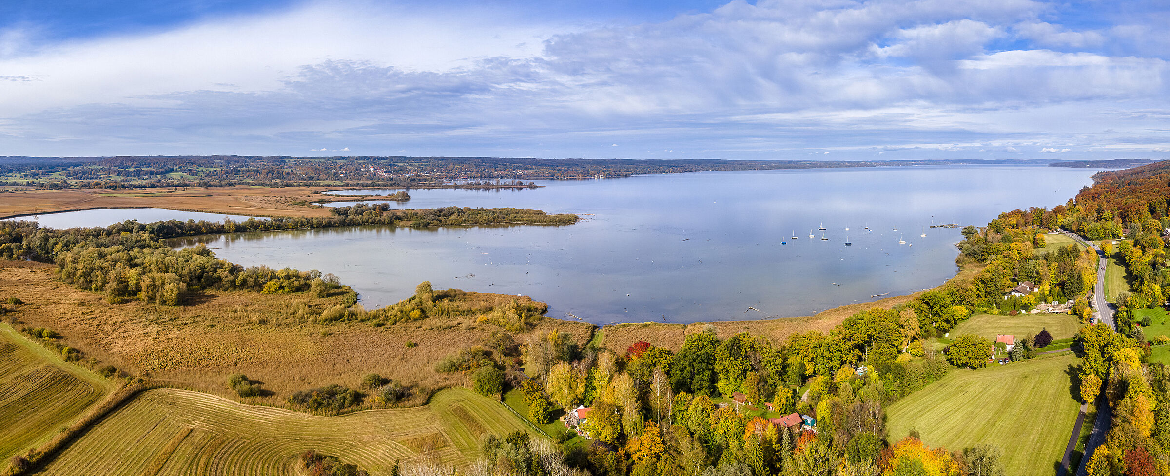 Lebensraum See: Ein See, am Ufer wechseln sich Wiesen und Wäd 