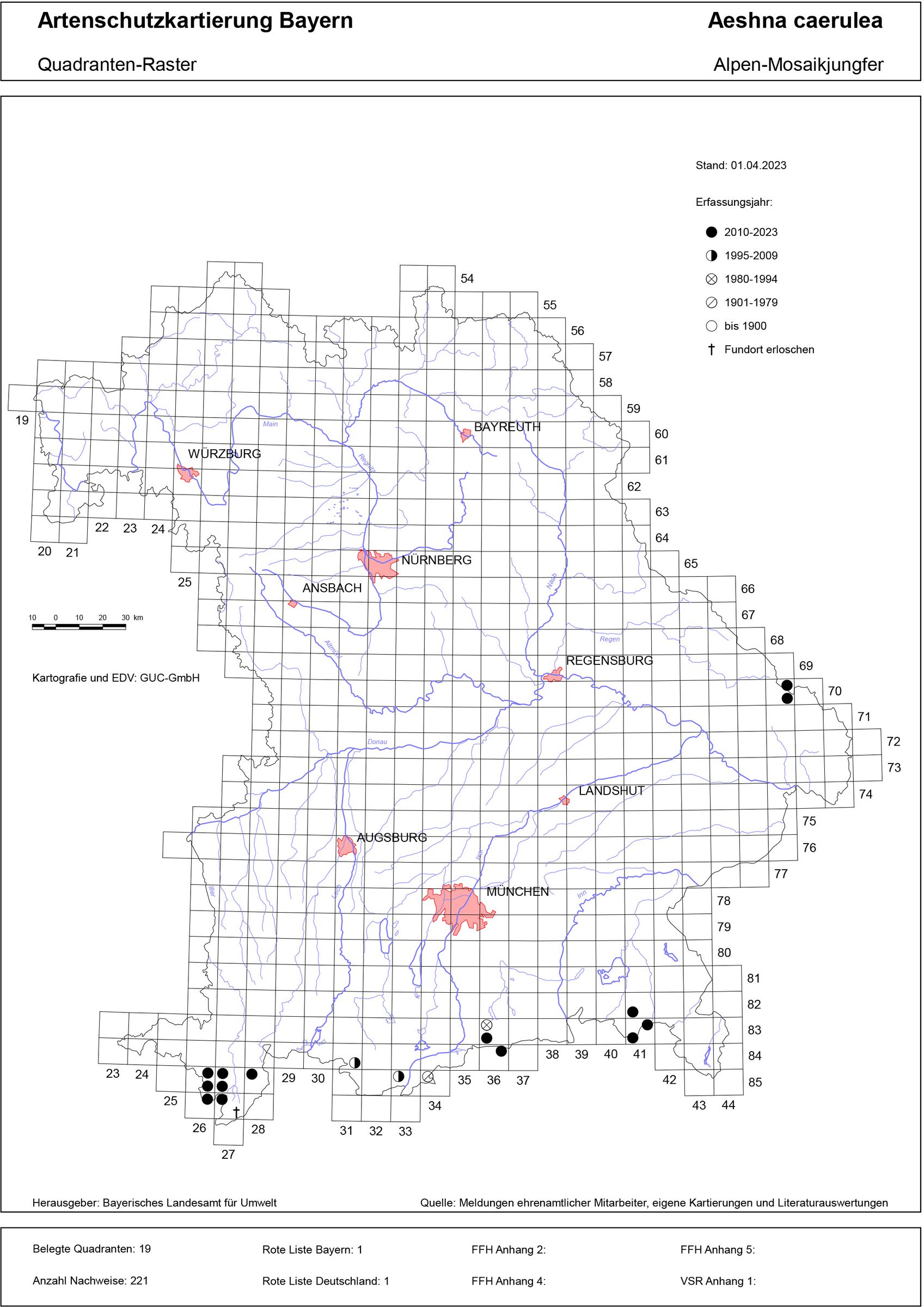 Verbreitungskarte der Alpen-Mosaikjungfer in Bayern (Quelle: Bayerisches Landesamt für Umwelt, LfU)