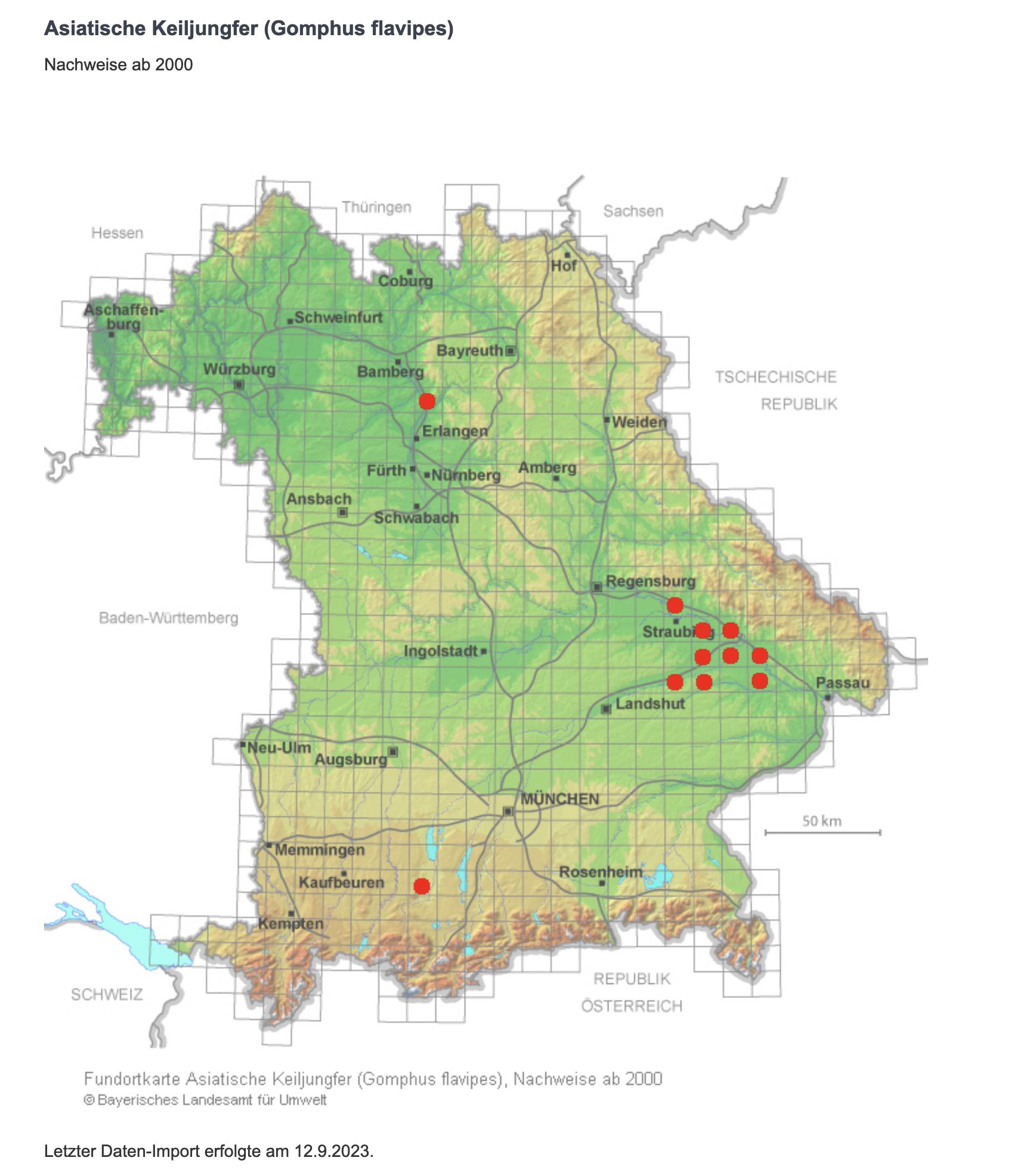 Verbreitungskarte der Eurasischen Keulenjungfer in Bayern (Quelle: Bayerisches Landesamt für Umwelt, LfU)