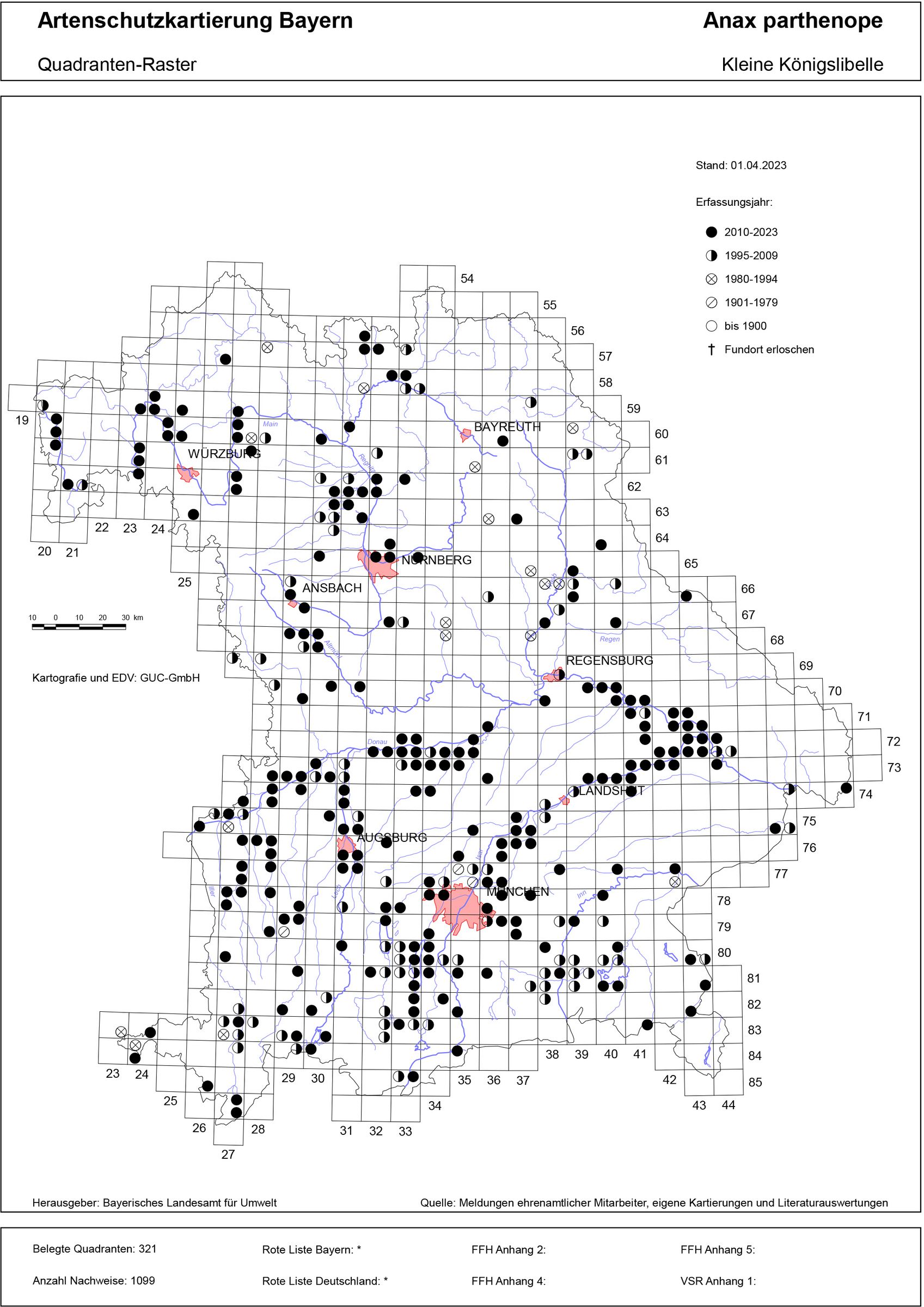 Verbreitungskarte der Kleinen Königslibelle in Bayern (Quelle: Bayerisches Landesamt für Umwelt, LfU) 