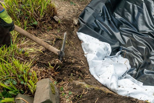Eine schwarze Folie liegt auf dem Boden eines Erdlochs für einen Gartenteich, drumherum ist braunes Erdreich zu sehen, ein Mann hält eine Spitzhacke in der Hand (Foto: Olaf Gedanitz/stock.adobe.com)