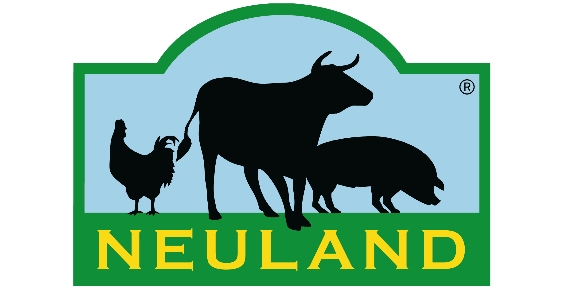 Auf dem Label von Neuland Fleisch sind die Silhouetten eines Hahns, einer Kuh und eines Schweins vor blauem Hintergrund zu sehen. Darunter steht in gelber Schrift "Neuland" auf grünem Hintergrund.