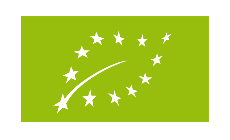 Das europäische Bio-Siegel: ein aus kleinen weißen Sternen geformtes Blatt auf grünem Hintergrund.