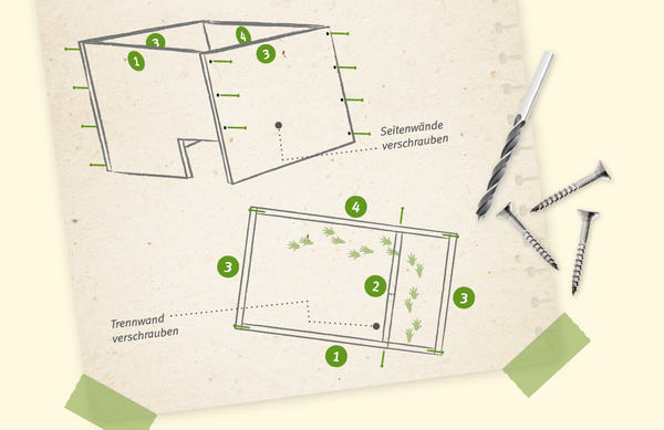 Die Grafik zeigt, wie die Wände des Igelhauses zusammenzuschrauben sind.