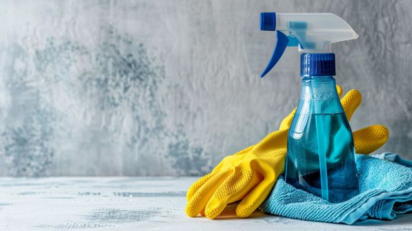Ein Putzmittel, gelbe Gummihandschuhe und ein blauer Putzlappen. Mit selbstgemachten Reinigungsmitteln umweltfreundlich putzen und reinigen. (Foto: Chang/stock.adobe.com)