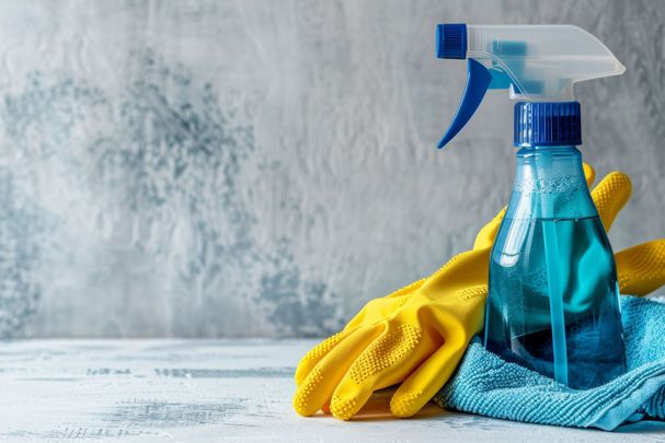Ein Putzmittel, gelbe Gummihandschuhe und ein blauer Putzlappen.