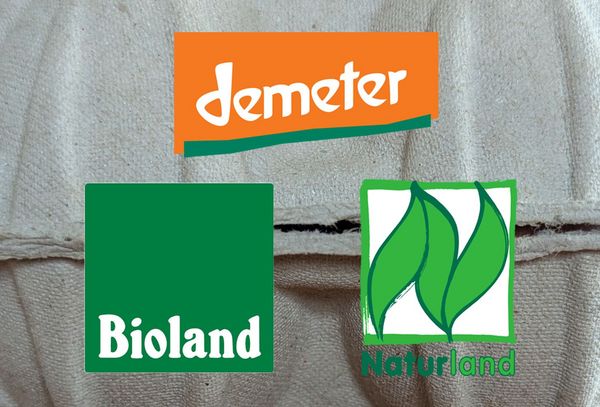 Labels der drei großen Öko-Anbauverbände Demeter, Bioland und Naturland. Als Bildhintergrund dient eine Eierverpackung.