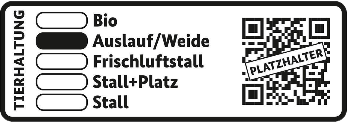 Label der staatlichen Tierhaltungskennzeichnung mit den fünf Stufen; Stufe 4 ist in diesem Beispiel markiert.