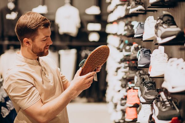Schuhe nachhaltig kaufen: Junger Mann betrachtet einen Schuh in einem Schuhgeschäft (Foto: Petro/stock.adobe.com)