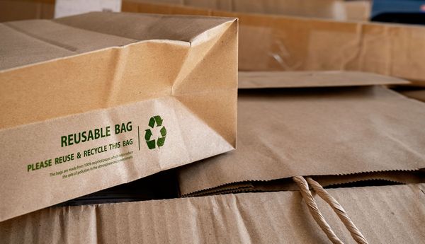 Umweltfreundliche Verpackungen: Auf dem Boden einer braunen Papiertüte ist das Recyclingzeichen zu sehen.