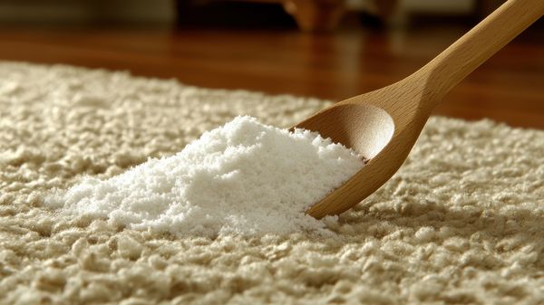 Mit einem Holzlöffel wird Natron auf einen hellen Teppich gestreut. Mit Natron kann man schlechte Gerüche aus einem Teppich entfernen. (Foto: 