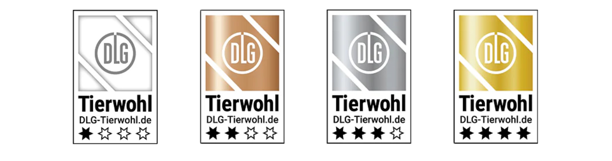 Die Label von "DLG Tierwohl": Basis weiß mit einem Stern, Bronze mit zwei Sternen, Silber mit drei Sternen, Gold mit vier Sternen.