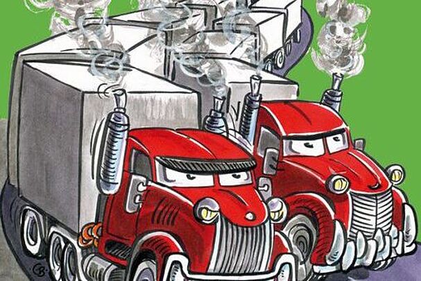 Cartoon von Lastwagen im Stau mit rauchenden Auspuffrohren
