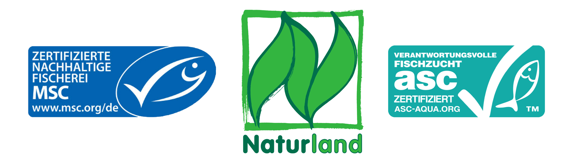 Das Bild zeigt die drei Siegel von MSC, Naturland und ASC.