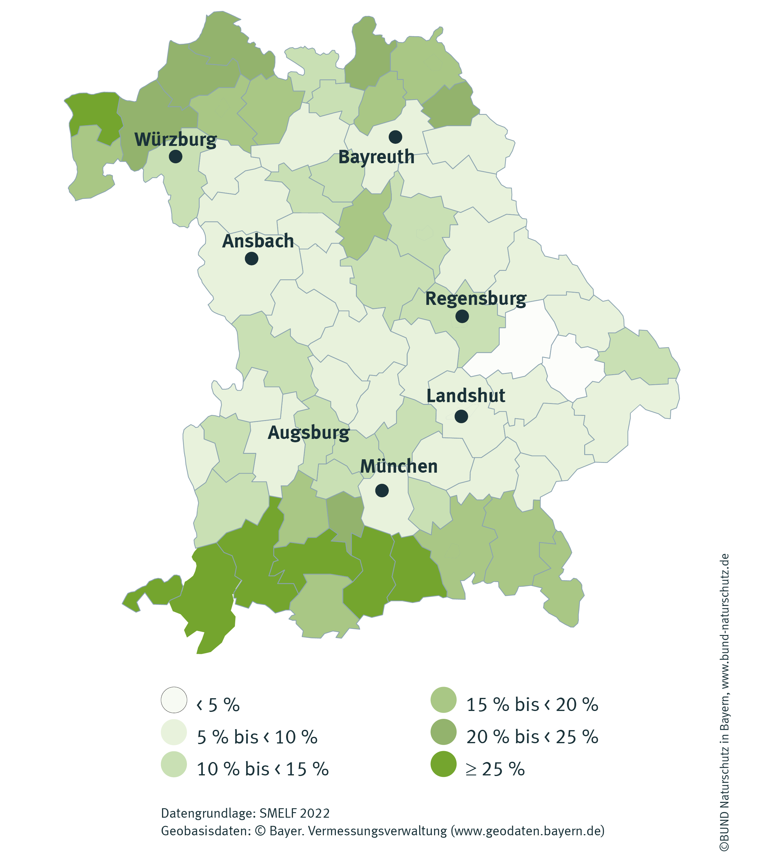 Die Karte zeigt, wie weit verbreitet die Biolandwirtschaft in Bayern ist. Sie konzentriert sich vor allem auf den Norden und den SÜden des Freistaates.