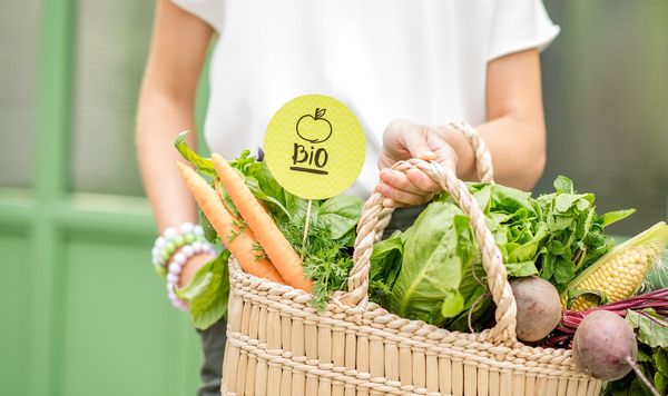 Eine Frau hält einen Einkaufskorb mit Salat und Gemüse in der Hand. Aus dem Korg ragt ein kleines Schild mit der Aufschrift "Bio".