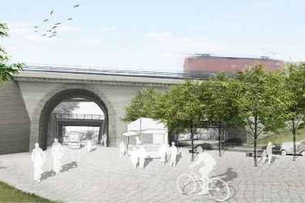 Eine Fotomontage von einer Promenade, weiße Figuren sind Fußgänger und RadfahrerInnen, grüne Bäume im Hintergrund (Grafik: Helena und Sophie Hellmann, Technische Hochschule Nürnberg, Fakultät Architektur. Studio Prof. Burgstaller, Städtebau und Stadtplanung in Kooperation mit Prof. Dr. Kipke, Urbane Mobliltät)